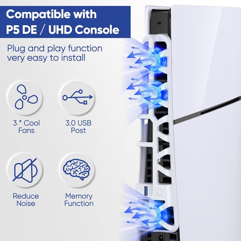 FASTSNAIL Cooling Fan for PS5 Slim Console, Quiet Cooling System with Memory Function and LED Light, Cooler Accessories with 3 High-Speed Fans & USB 3.0 Port for PlayStation 5 Slim - Image 5